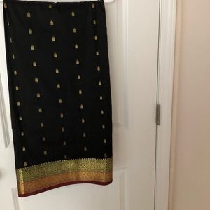 Brand new black saree with gold, green, red accents